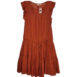 Gap Flutter Sleeve Tiered Ruffle Drawstring Waist Shift Dress in Rust, NWT, M
